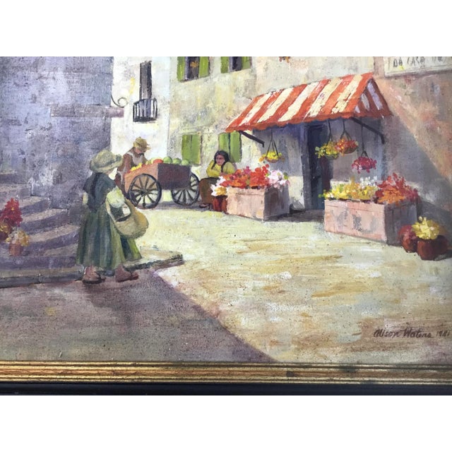 Paint 1980s “The Fruit Peddler”Acrylic Painting on Board by Alison Waters, Framed For Sale - Image 7 of 10
