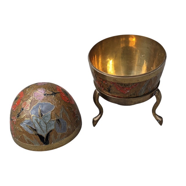 Vintage Cloisonne Enameled Brass Floral Egg Trinket Box With Brass Pedestal Display Stand For Sale In Charlotte - Image 6 of 11