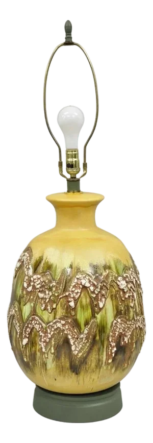 Mid 20th Century Mid Century Modern Large Volcanic Glazed Pottery Yellow & Green Table Lamp