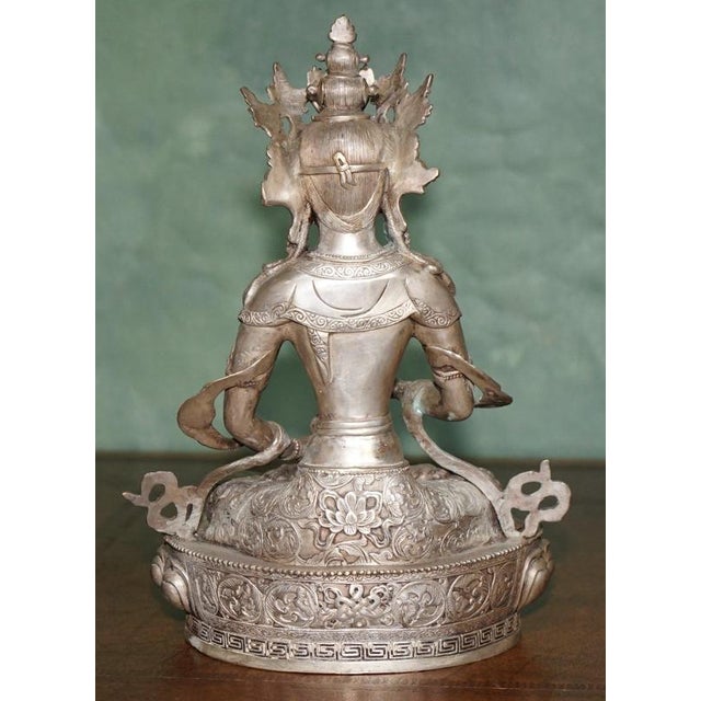 Tibetan Silvered Metal Buddhist Deity Figure Statue on Lotus Base For Sale - Image 13 of 18