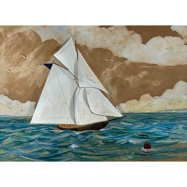 Vintage 3D Mixed-Media Maritime Ship Portrait of a Racing Yacht, Style of Thomas H. Willis. A captivating and intricately...