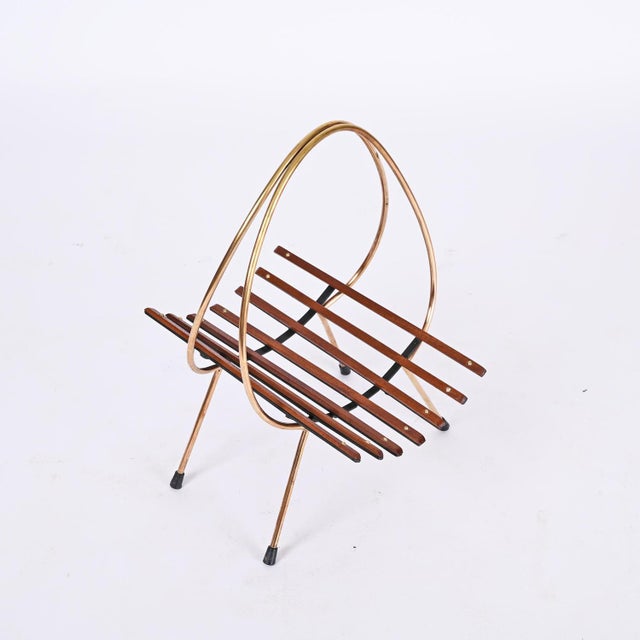 Mid-Century Italian Enameled Metal, Teak and Brass Magazine Rack, 1960s For Sale - Image 9 of 16