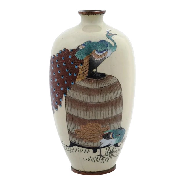 Antique Meiji Japanese Cloisonne Enamel With Pair of Peacocks For Sale