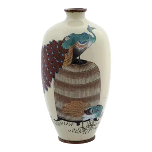 Antique Meiji Japanese Cloisonne Enamel With Pair of Peacocks