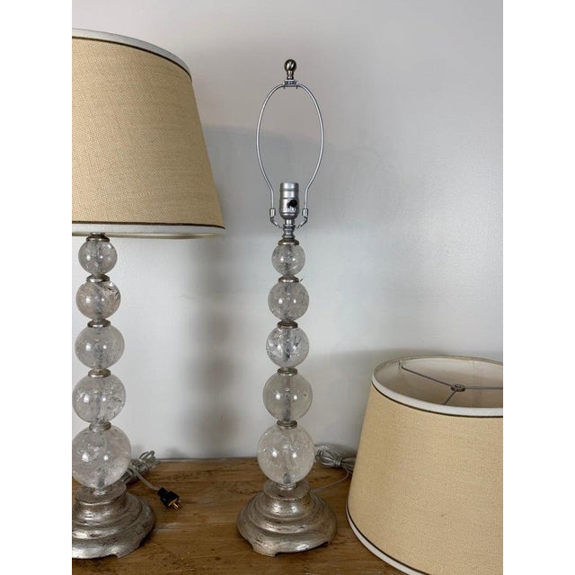 Pair of Hollywood Regency Rock Crystal Stacked Orb Table Lamps - Silver Leaf For Sale - Image 13 of 17