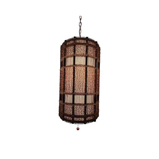 Vintage 1960s Mid Century Modern Woven Swag Hanging Lamp in the Style of Maria Kipp Brass Textile For Sale In Palm Springs - Image 6 of 10