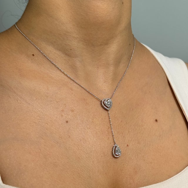 Diamond Halo Heart & Teardrop Lariat Necklace in 14k White Gold, 16 Inches For Sale In New York - Image 6 of 17