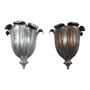 Vintage French Art Deco Hand Hammered Copper Lotus Up Light Sconces Attr. Maison Jansen - a Pair