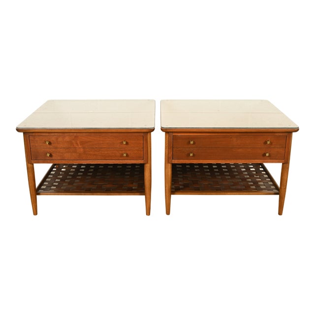 Paul McCobb Style Mid-Century Modern Walnut and Woven Shelf End Tables by Lane, Circa 1960s For Sale