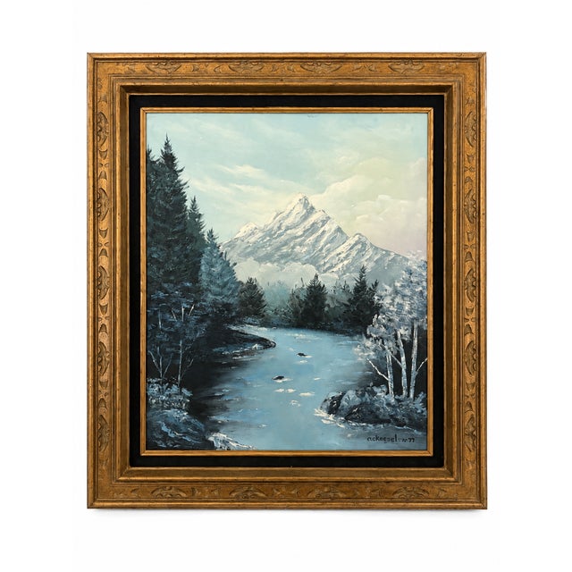 Size 28 X 32 Signed 1977 Original Snowy Alpine River Landscape Acrylic on Canvas in Wood Frame For Sale - Image 10 of 10