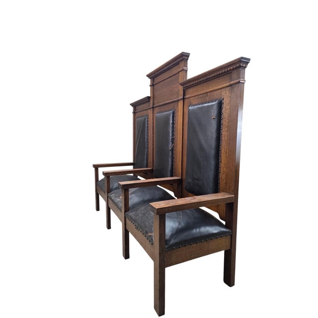 Wood Antique Mission Revival Oak Triple Hall Bench – For Reupholstery For Sale - Image 7 of 8