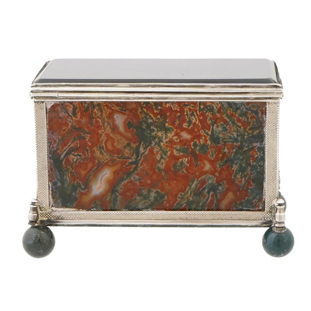 Metal Mid 20th Century Decorative 925 Silver Glass Moss Agate Trinket Box For Sale - Image 7 of 13