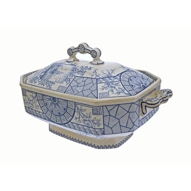 Arts & Crafts 19th Century Davenport Soup Tureen Mersey Aesthetic Blue Transferware Antique Arts & Crafts Pottery For Sale - Image 3 of 8