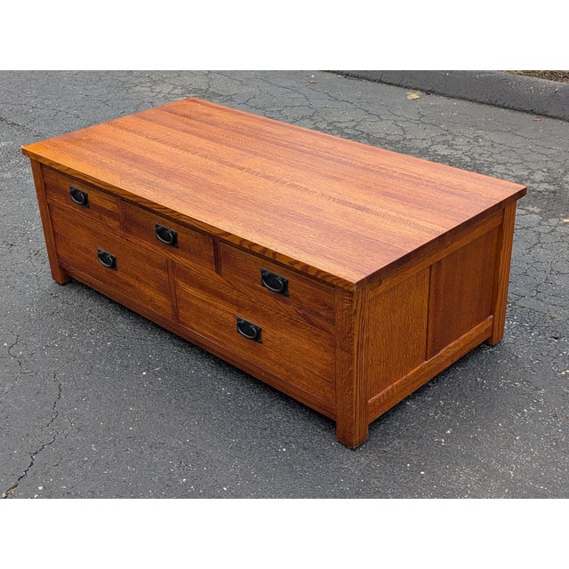 Tiger Oak Mission Style Coffee Table With Cedar Lined Drawers For Sale - Image 16 of 17
