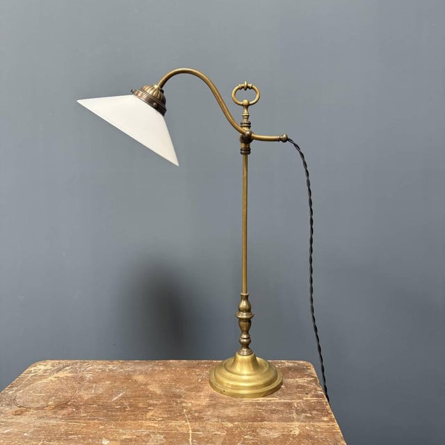 Adjustable Brass Table Lamp with Opaline Glass Shade For Sale - Image 4 of 15