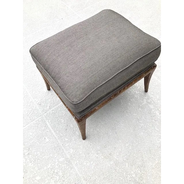 Newly fabric upholstered ottoman in gray silver tone linen. Faux pickling effect on fruitwood legs. A very comfortable...