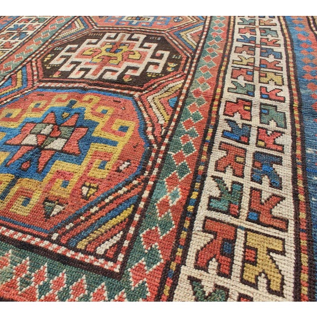 Late 19th Century Late 19th Century Antique Kazak Carpet With Colorful Geometric Design For Sale - Image 5 of 6