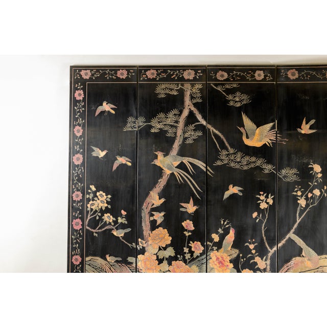 Wood Four-Panel Black Lacquer Screen with Birds, Red-Crowned Cranes, and Flowers For Sale - Image 7 of 12