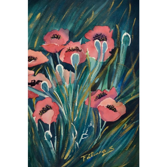 Watercolor of Flowers in a Field: Large Framed Colorful Botanical by Fatima S. For Sale - Image 4 of 7