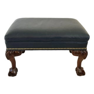 Vintage Slate Blue Leather Ottoman, Chippendale Footstool, Brass Nailhead Trim, Claw Ball Feet For Sale