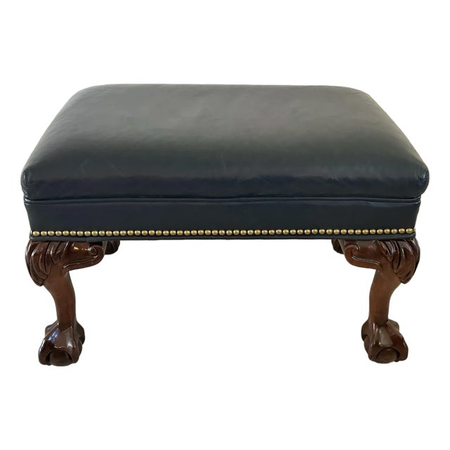 Vintage Slate Blue Leather Ottoman, Chippendale Footstool, Brass Nailhead Trim, Claw Ball Feet For Sale