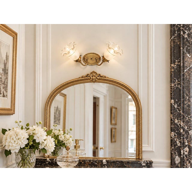 Metal Late 20th Century Neoclassical Brass Two-Light Wall Sconce Etched Glass Shades For Sale - Image 7 of 7