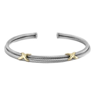 David Yurman 925 Silver 14k Gold Double X Cable Classic Choker Collar Necklace For Sale