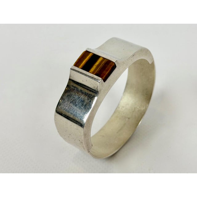 Mid-Century Modern Mid-Century Modern Finnish Sterling Silver and Tiger Eye Bangle Bracelet by Raimo Keskinen for Lahti, 1970s For Sale - Image 3 of 11
