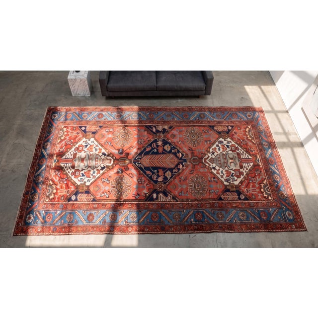 Textile 1900s Red Geometric Tribal Antique Persian Bakhtiari Rug 5' 3" X 10' 4" Handknotted Wool Carpet For Sale - Image 7 of 8