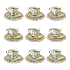 Meissen Germany Porcelain Gold Baroque Cups, Saucers, & Dessert Plates 40 Pc/Set