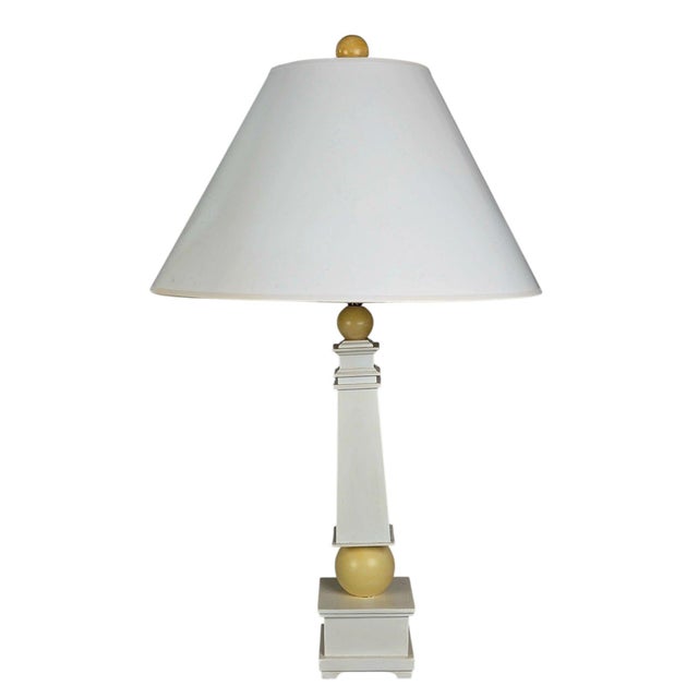 Pair of Natural Light Co. White Wooden Obelisk Table Lamps With Cream Ball Accents and Shades For Sale - Image 4 of 10