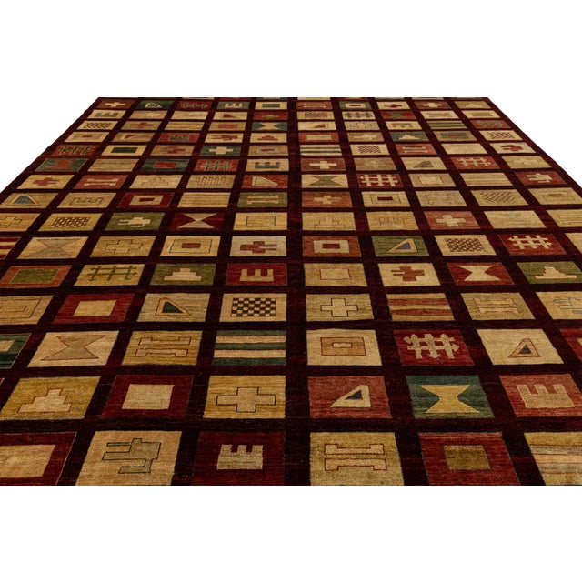Textile Modern Geometric Grid Hand-Knotted Wool Area Rug in Deep Burgundy & Earth Tones For Sale - Image 7 of 12