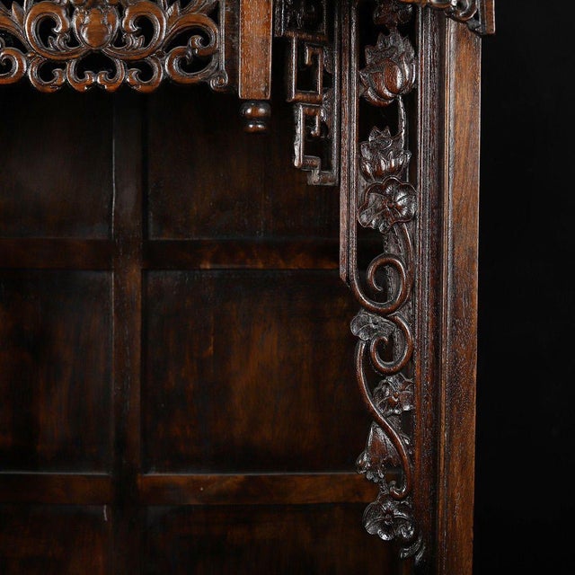 Late 20th Century Huali Rosewood Carved Shrine Cabinet With Lotus Motif For Sale - Image 5 of 9