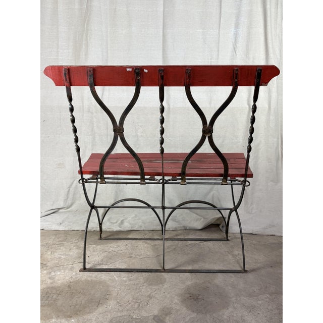 French Mid-Century French Bistro Bench With Red Slats and Wrought Iron Frame For Sale - Image 3 of 11