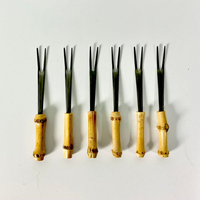 Wood 1970s Vintage Hollywood Regency Coastal Boho Chic Bamboo Handle Stainless Steel Appetizer Picks - Set of 6 For Sale - Image 7 of 7