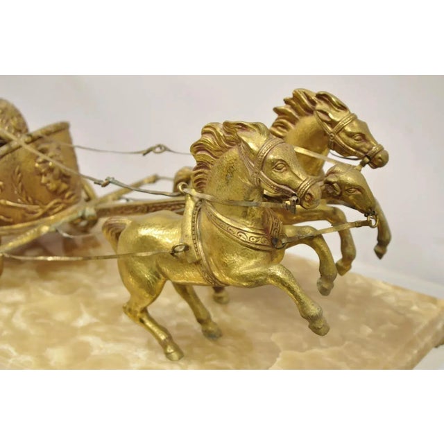 Contemporary Mid 20th Century Vintage Gold Gilt Metal Roman Horse Drawn Chariot Sculpture on Marble Base For Sale - Image 3 of 12