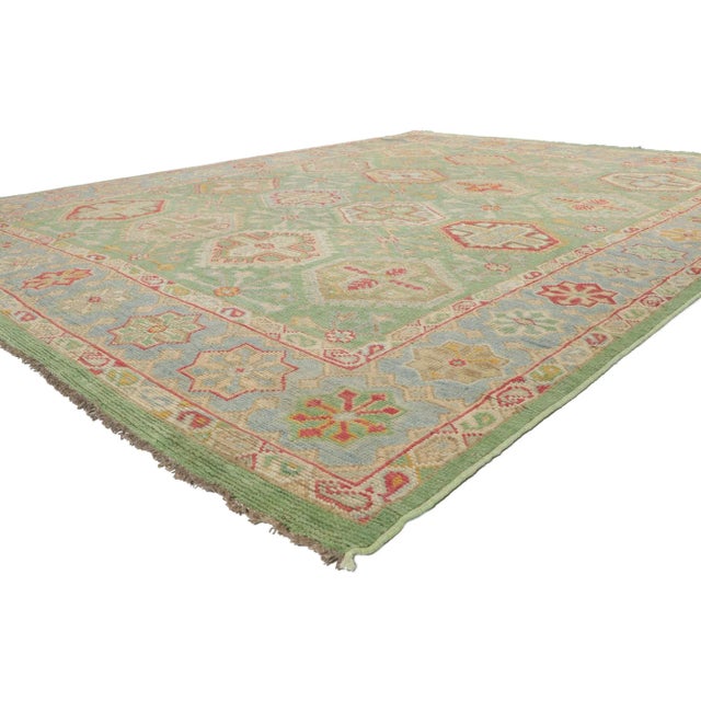 80734 Colorful Green Vintage Modern Oushak Rug, 09'00 x 12'02. This hand-knotted wool Colorful Green Modern Oushak rug can...