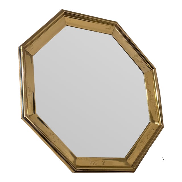 Vintage Octagonal Brass Mirror With Etched Glass – Original Backing & Hardware For Sale