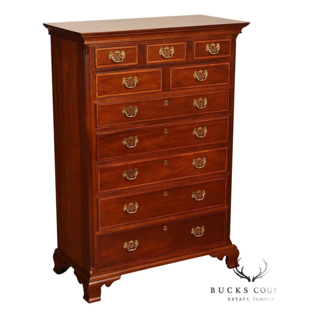 Stickley Georgian Style Banded Mahogany Tall Chest For Sale