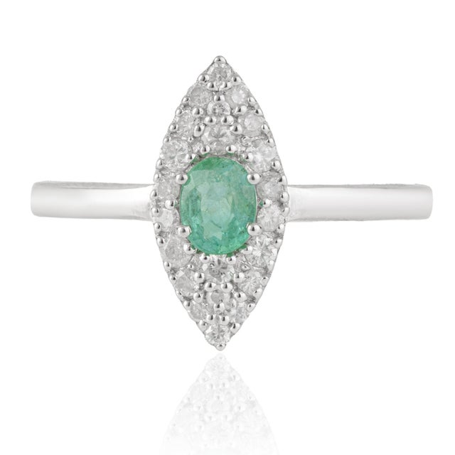Mid-Century Modern Diamond Studded Regal Emerald Engagement Ring With Marquise Halo, Size 7 For Sale - Image 3 of 14