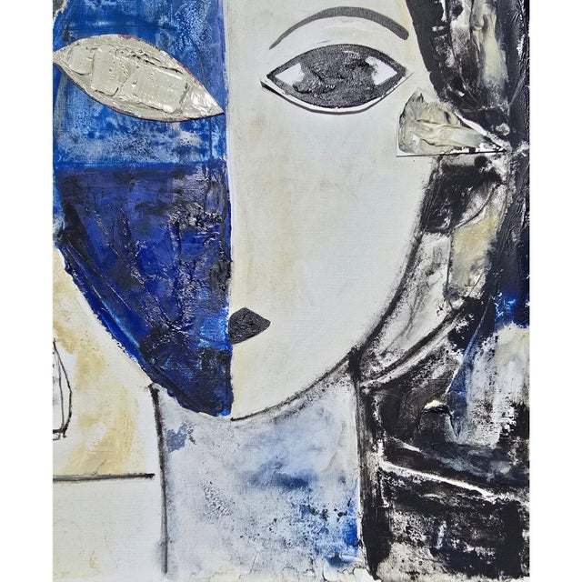 Blue Abstract Figurative Original Oil Painting 'Portrait of a Woman' | Unframed For Sale - Image 8 of 12