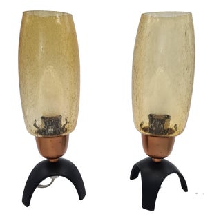 Vintage German Table Lamps in Yellow Glass and Black Metal, 1960s, Set of 2 For Sale