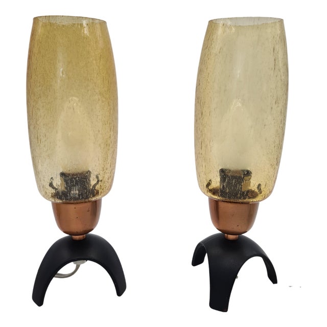 Vintage German Table Lamps in Yellow Glass and Black Metal, 1960s, Set of 2 For Sale