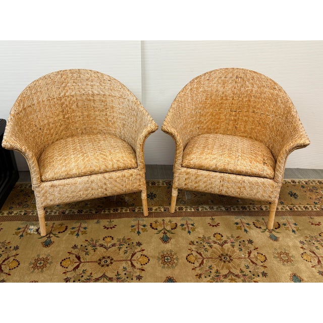 Mid 20th Century Woven Rattan Tub Chairs, Pair For Sale - Image 4 of 12