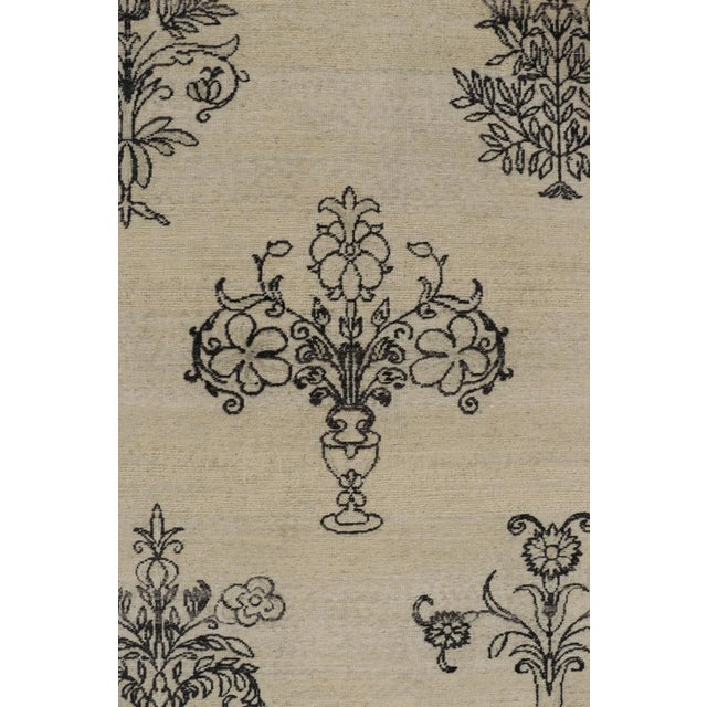 Rug & Kilim’s Block Print Rug, White and Taupe With Elegant Black Floral Motifs For Sale In New York - Image 6 of 8