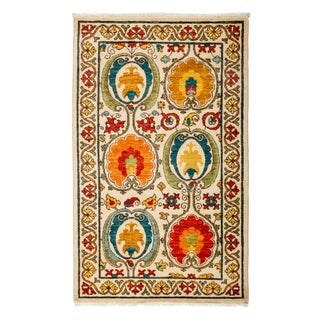 Modern Suzani Hand-Knotted Rug - 3' 1" X 5' 1" For Sale