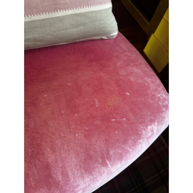 Late 19th Century Vintage Pink Velvet Slipper Chair Features a Rounded Back and Mahogany Legs With Casters, Similar Style to French Louis XVI Accent Seating For Sale - Image 5 of 10