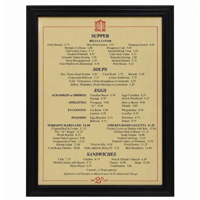 Wood Vintage the 21 Club Nyc Restaurant Framed Supper Menu For Sale - Image 7 of 9