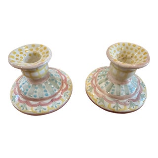 Whimsical Pair of McKenzie-Childs Ceramic Candlesticks For Sale