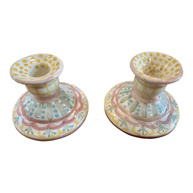 Whimsical Pair of McKenzie-Childs Ceramic Candlesticks For Sale